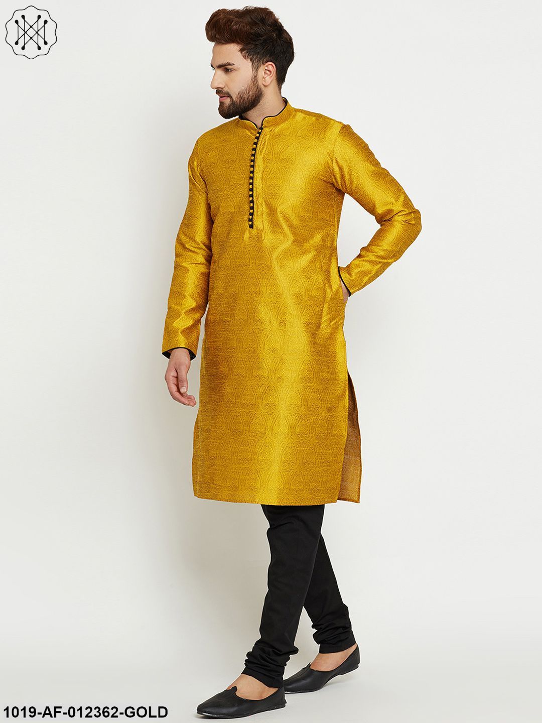 Men's Gold Yellow, Dupion Silk Kurta Churidaar Set