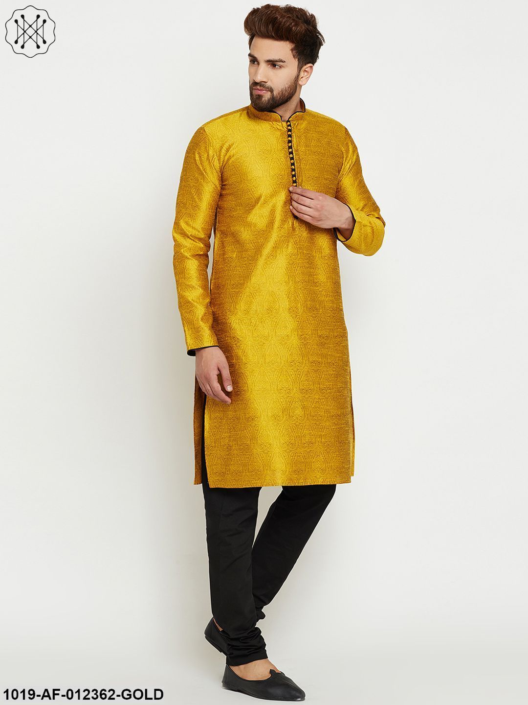 Men's Gold Yellow, Dupion Silk Kurta Churidaar Set