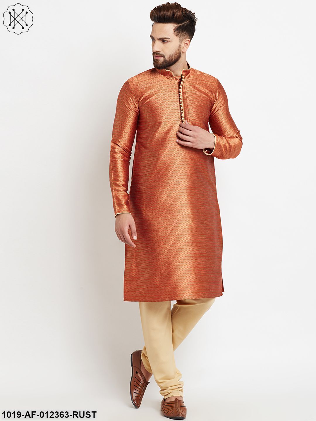 Men's Rust Orange, Jacquard Silk Kurta Churidaar Set