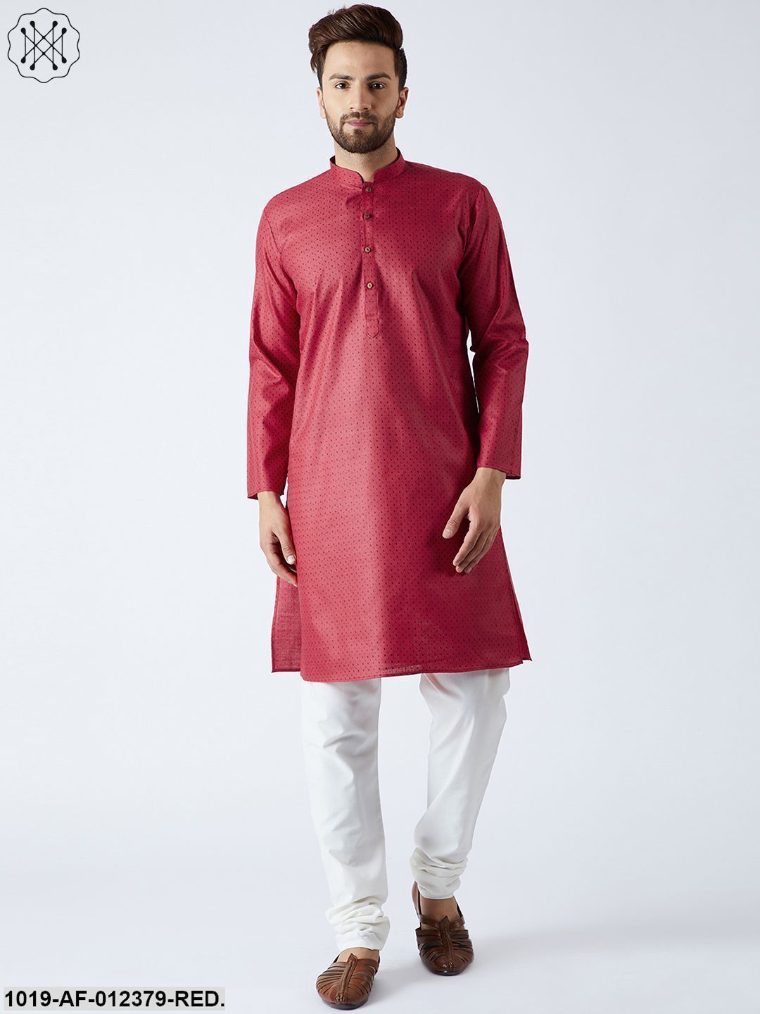 Men's Cotton Linen Red Kurta And Off White Pyjamas Set