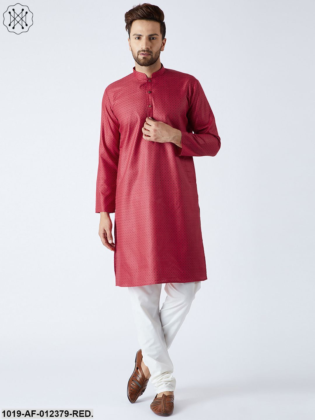 Men's Cotton Linen Red Kurta And Off White Pyjamas Set