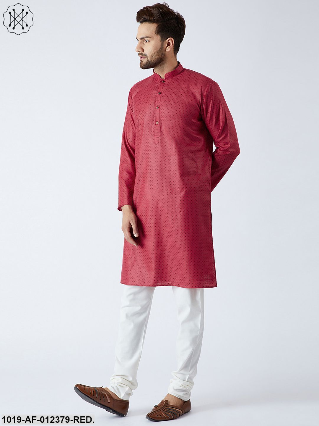 Men's Cotton Linen Red Kurta And Off White Pyjamas Set