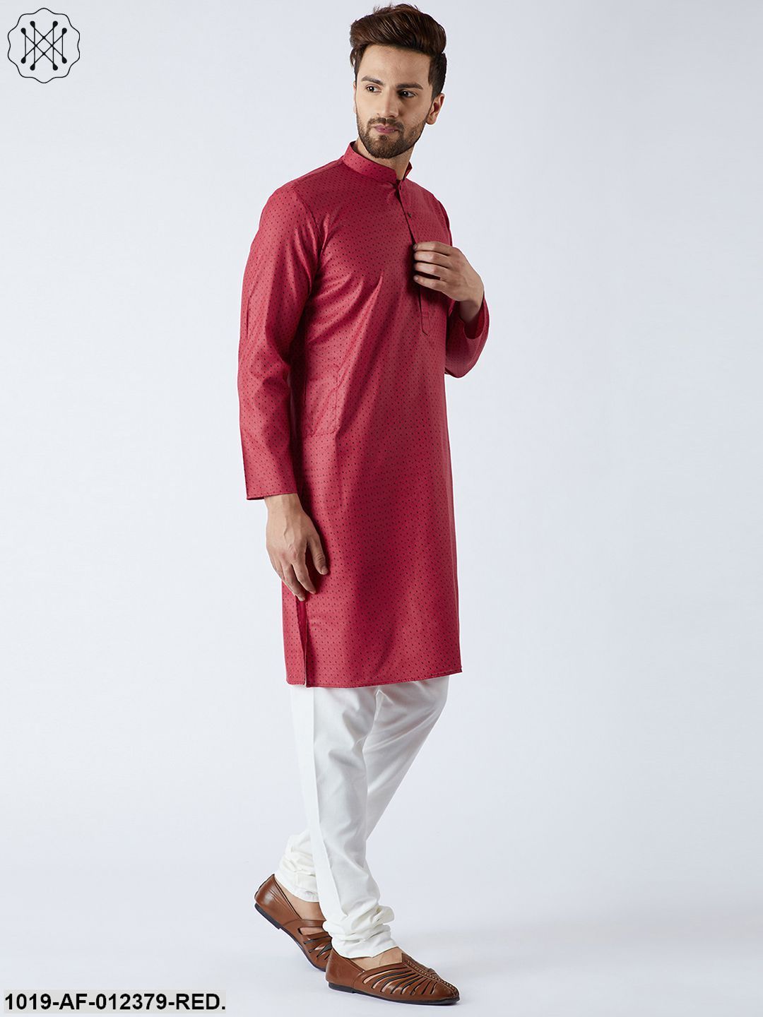 Men's Cotton Linen Red Kurta And Off White Pyjamas Set