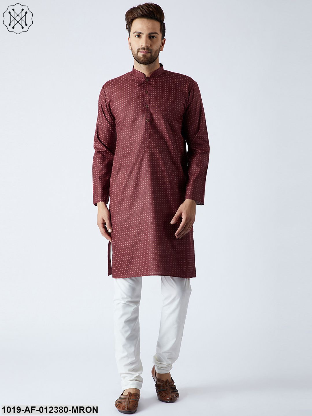 Men's Cotton Linen Maroon Kurta And Off White Pyjamas Set