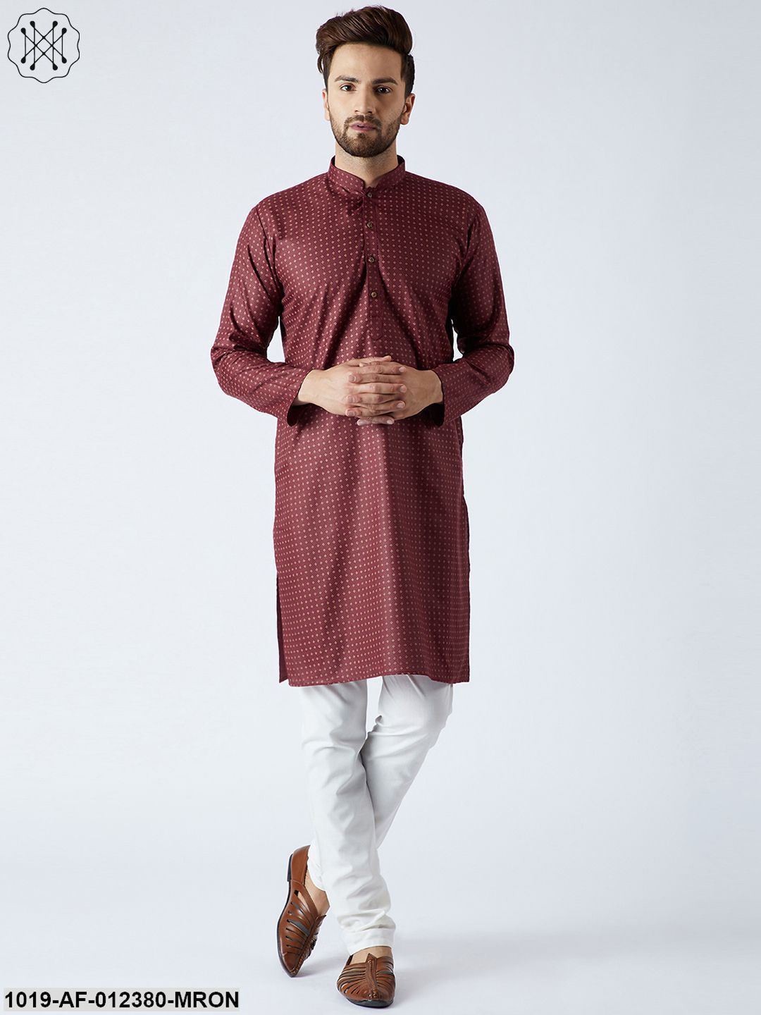 Men's Cotton Linen Maroon Kurta And Off White Pyjamas Set