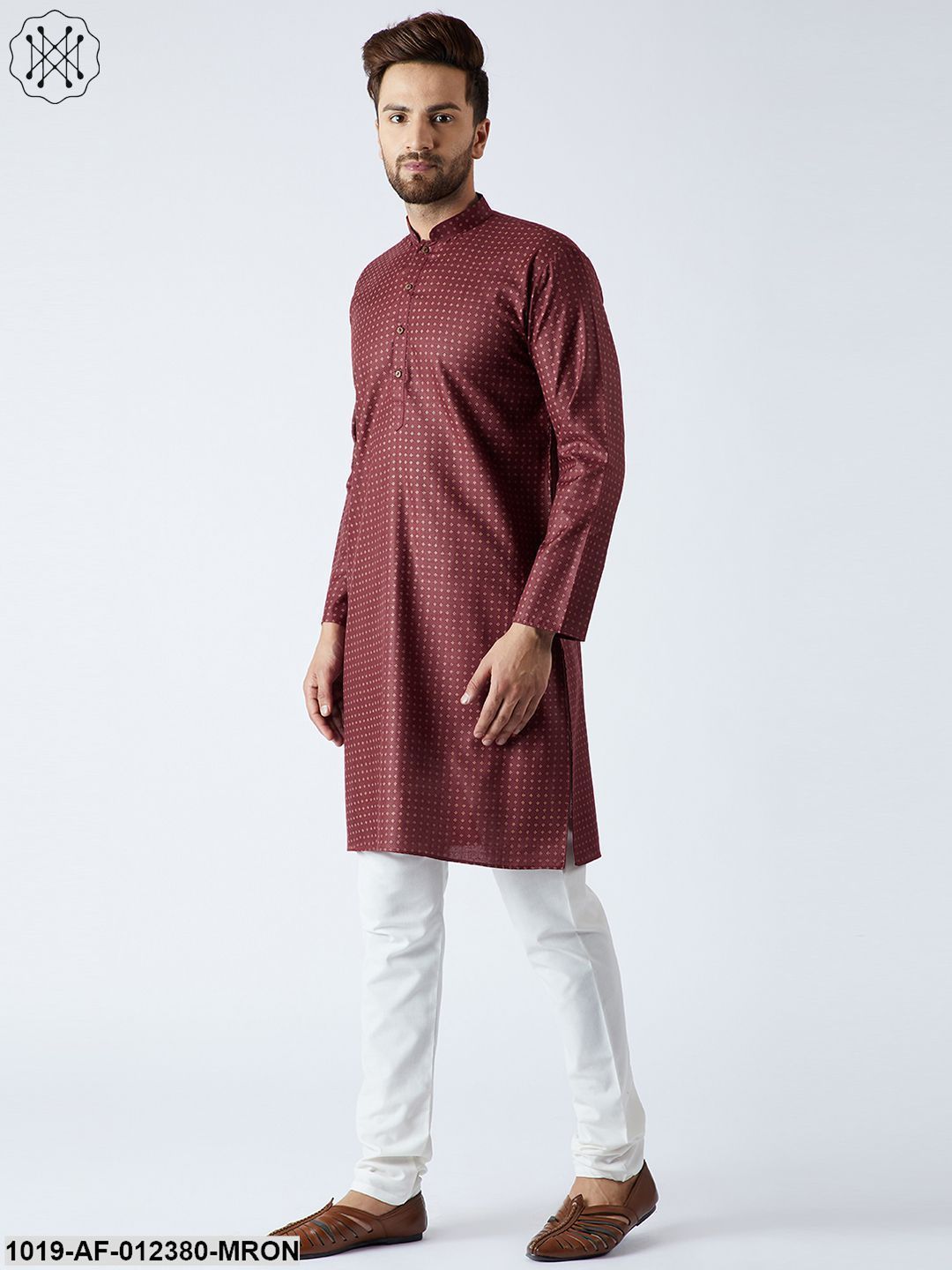 Men's Cotton Linen Maroon Kurta And Off White Pyjamas Set