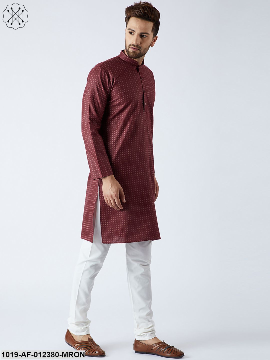 Men's Cotton Linen Maroon Kurta And Off White Pyjamas Set