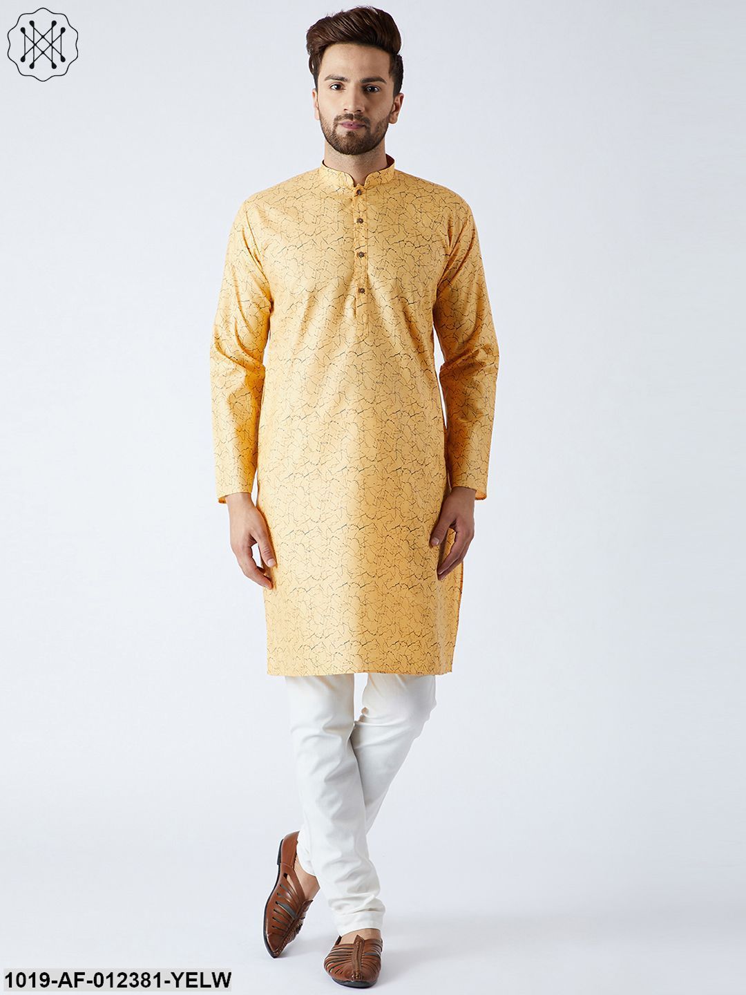 Men's Cotton Linen Yellow Kurta And Off White Pyjamas Set