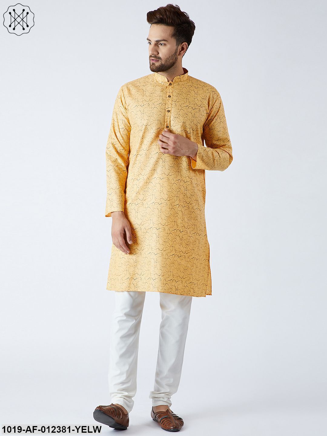 Men's Cotton Linen Yellow Kurta And Off White Pyjamas Set