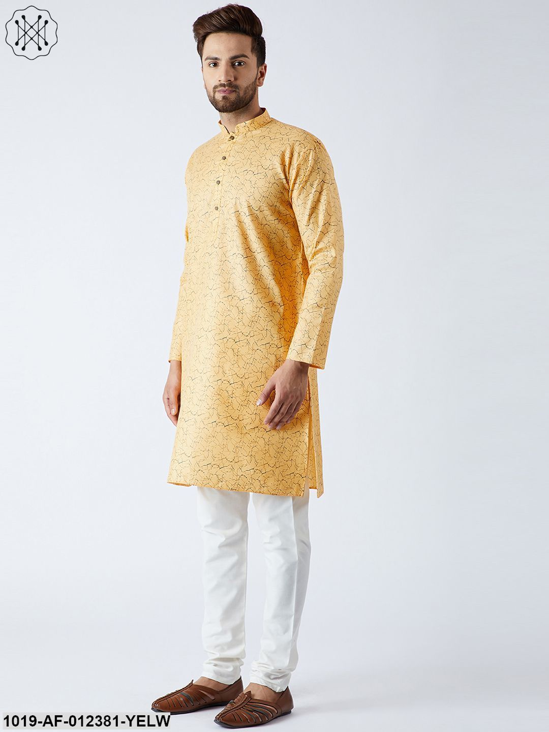 Men's Cotton Linen Yellow Kurta And Off White Pyjamas Set