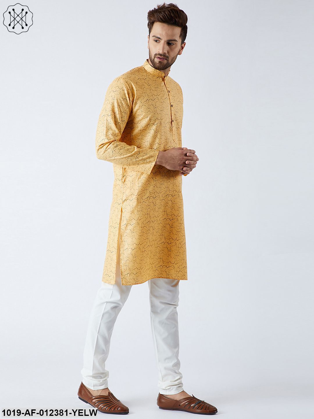 Men's Cotton Linen Yellow Kurta And Off White Pyjamas Set