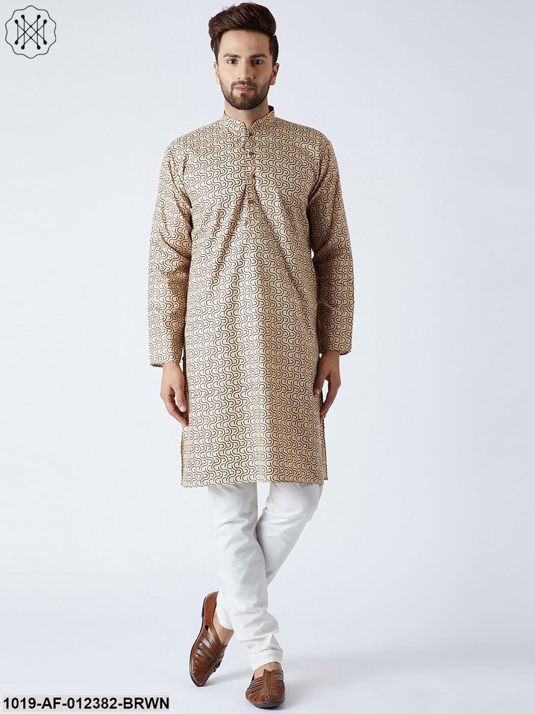 Men's Cotton Linen Brown Kurta And Off White Pyjamas Set