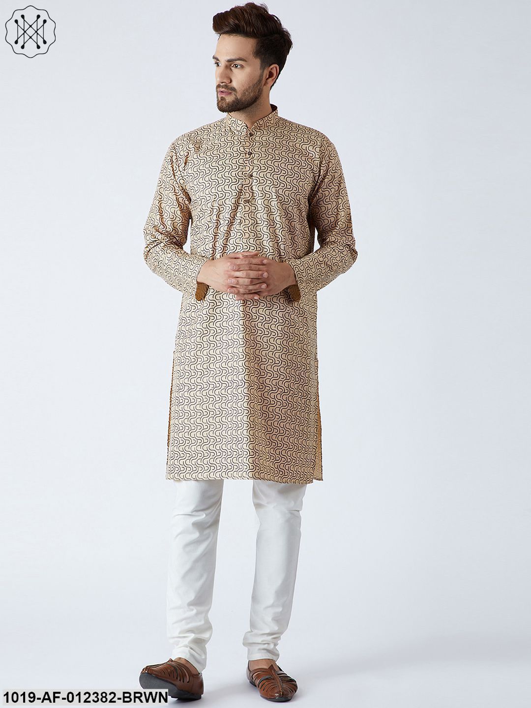 Men's Cotton Linen Brown Kurta And Off White Pyjamas Set