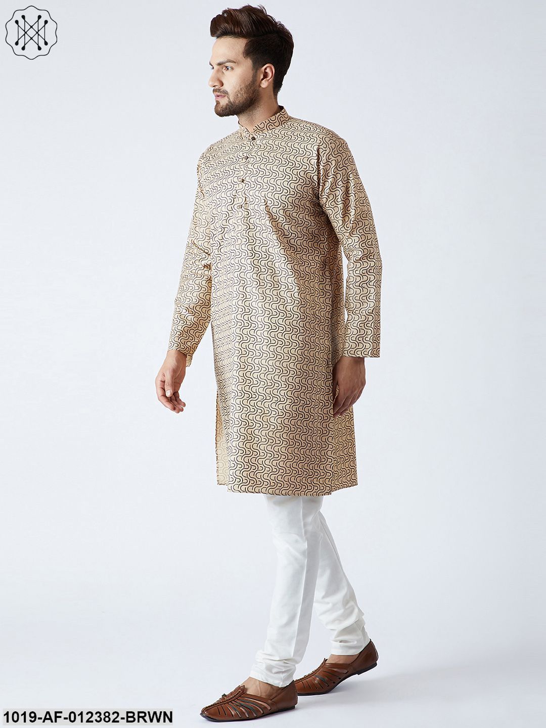 Men's Cotton Linen Brown Kurta And Off White Pyjamas Set