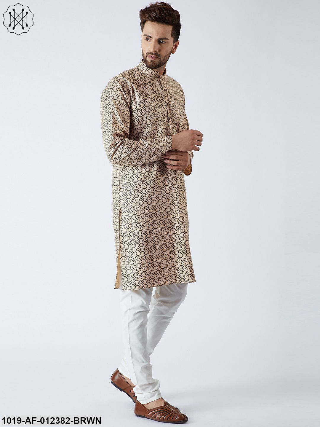 Men's Cotton Linen Brown Kurta And Off White Pyjamas Set