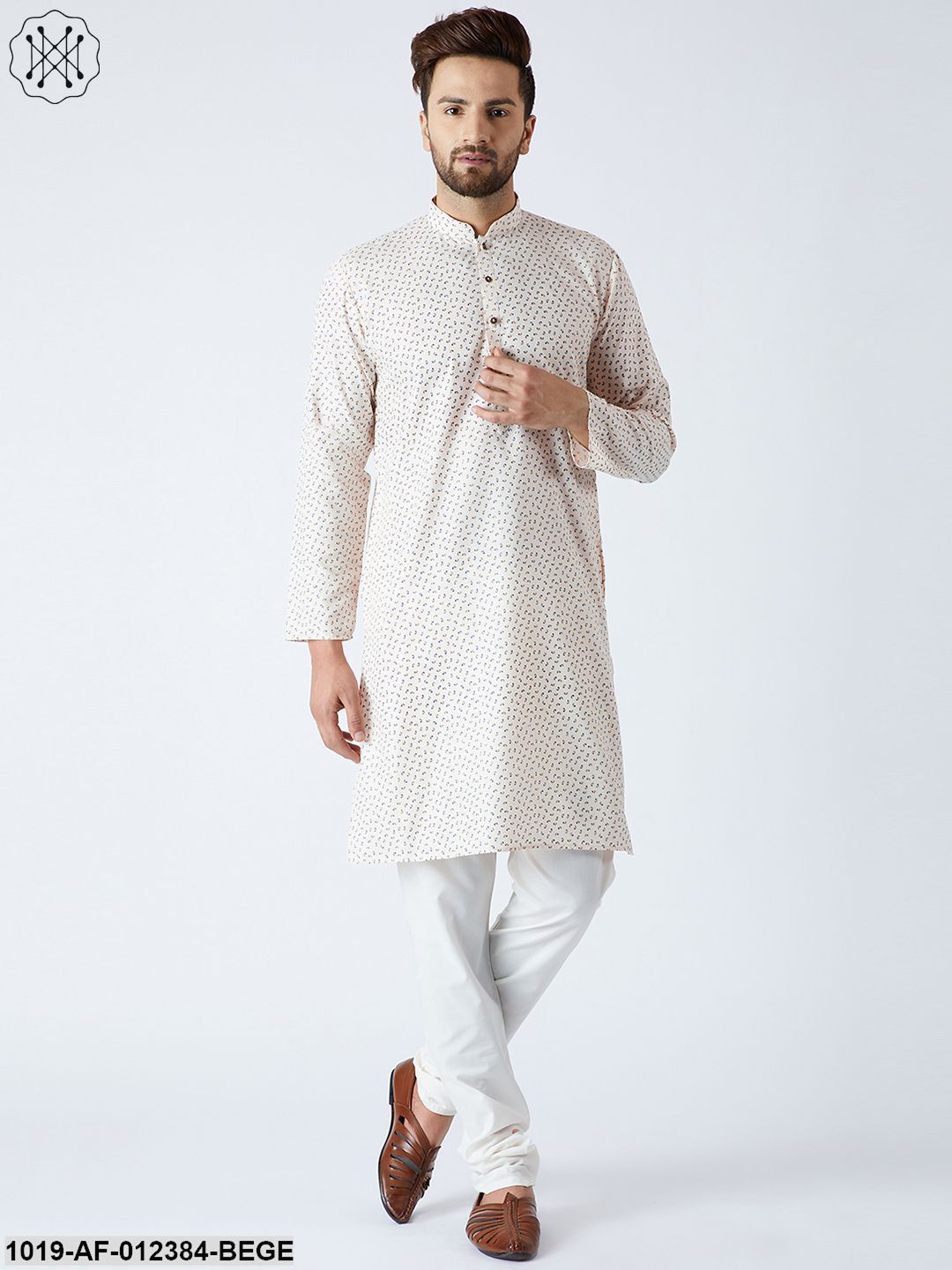 Men's Cotton Linen Beige Kurta And Off White Pyjamas Set