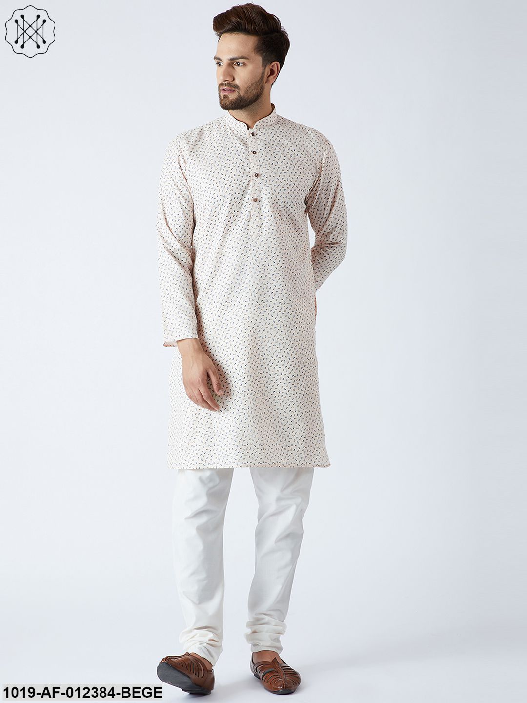 Men's Cotton Linen Beige Kurta And Off White Pyjamas Set