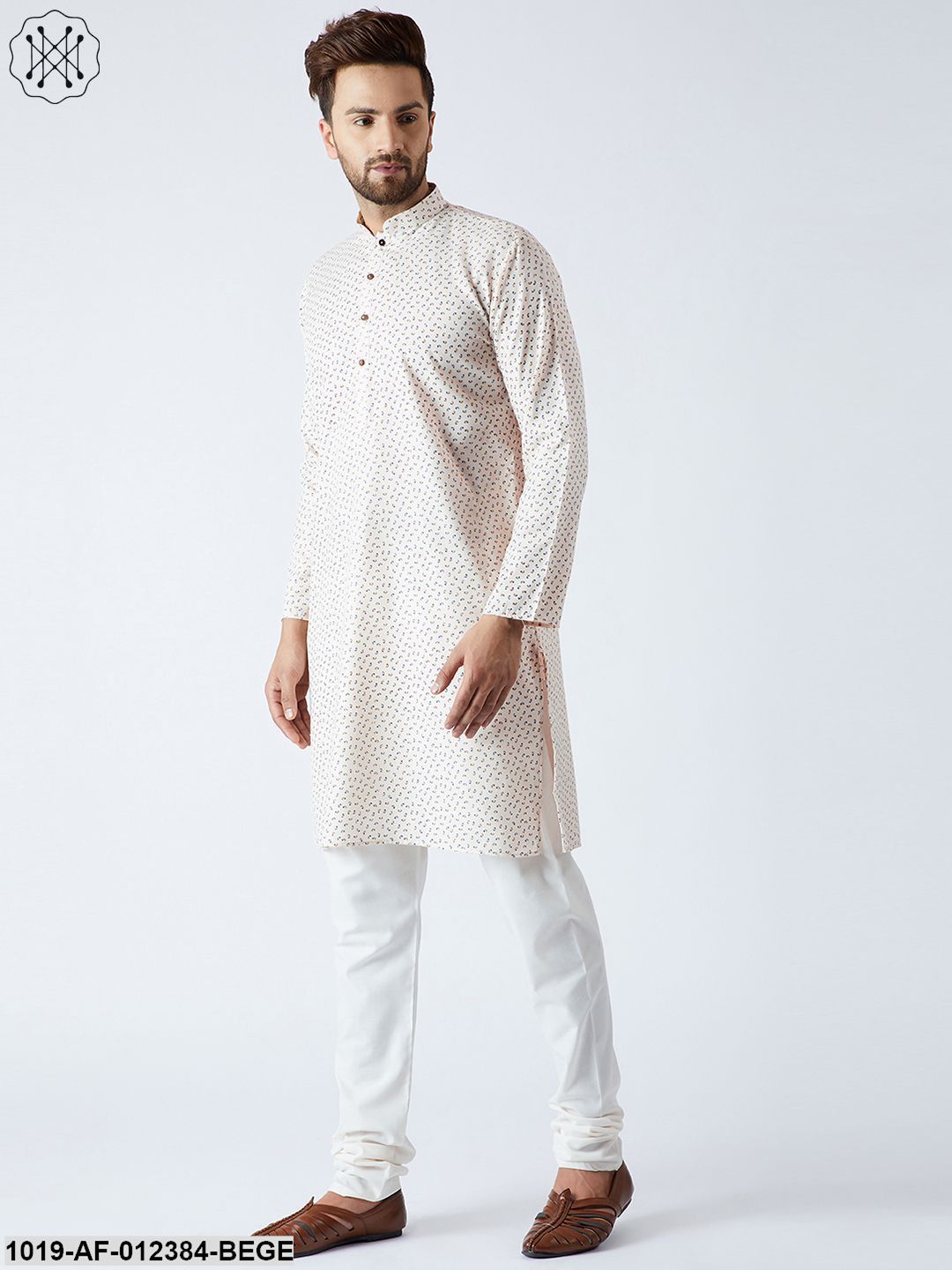 Men's Cotton Linen Beige Kurta And Off White Pyjamas Set