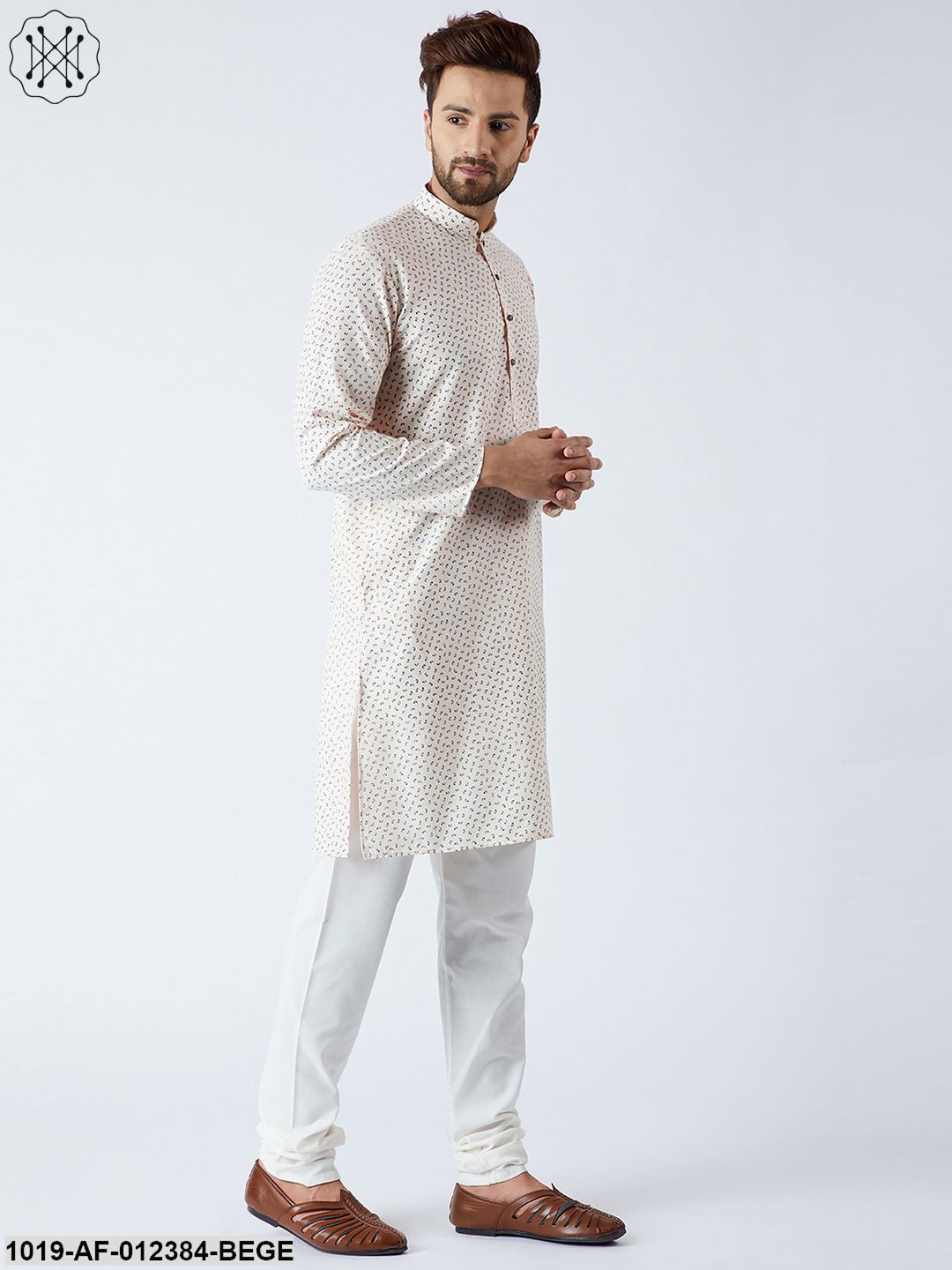 Men's Cotton Linen Beige Kurta And Off White Pyjamas Set
