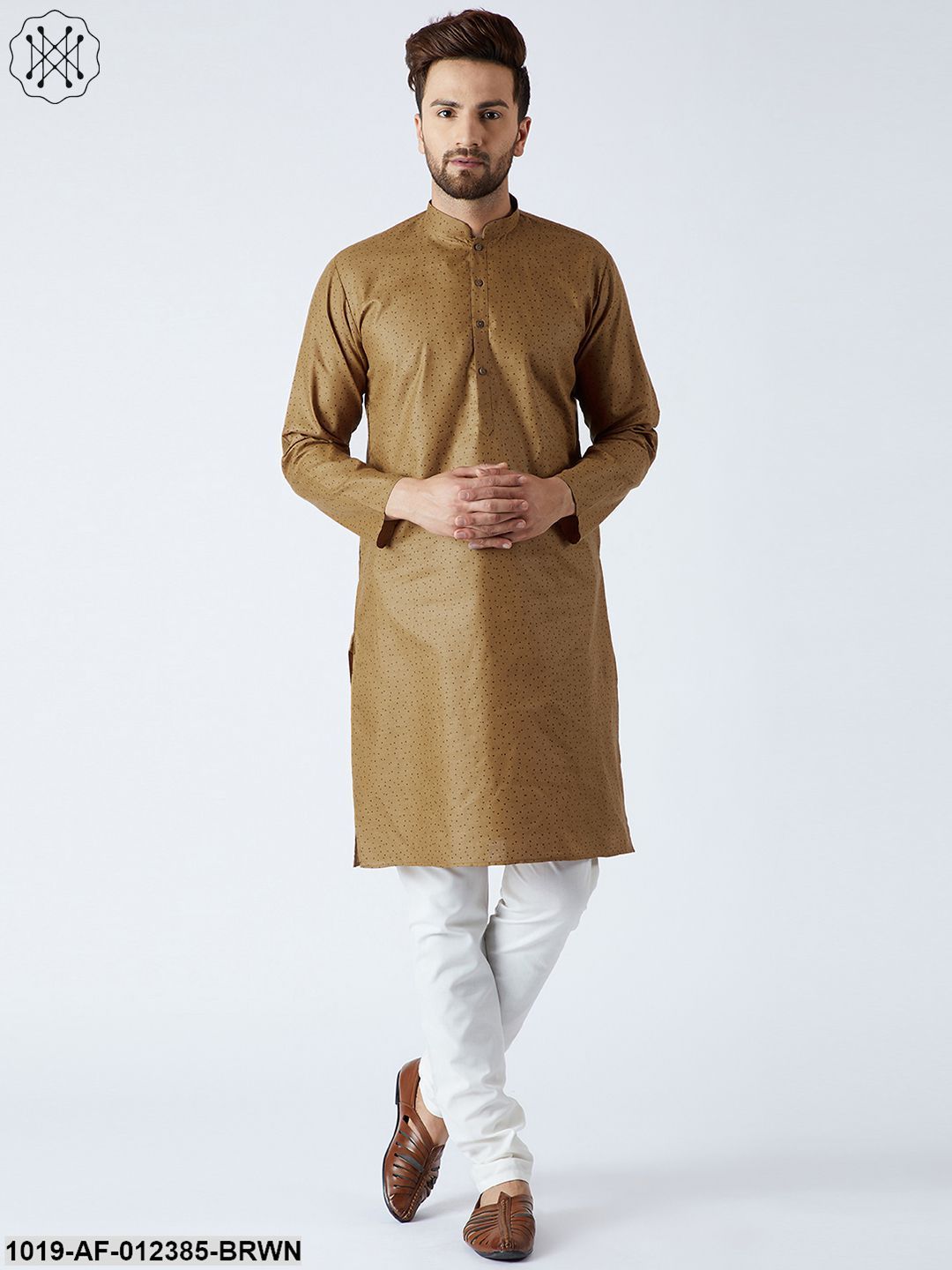 Men's Cotton Linen Brown Kurta And Off White Pyjamas Set
