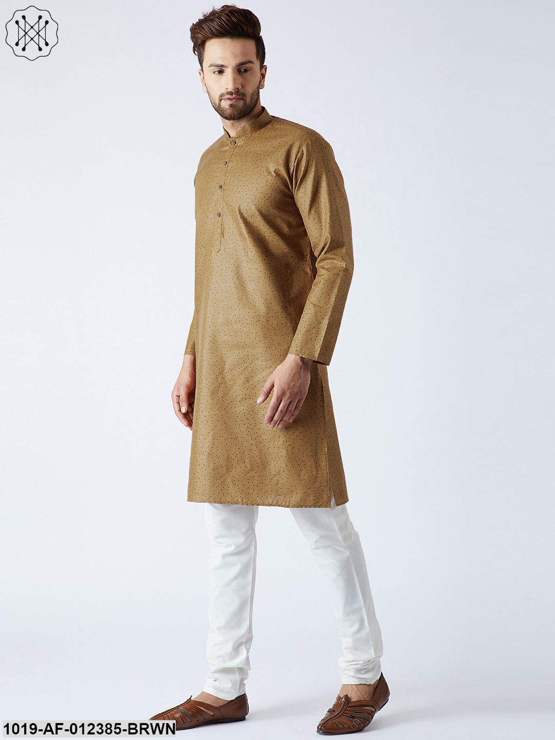 Men's Cotton Linen Brown Kurta And Off White Pyjamas Set