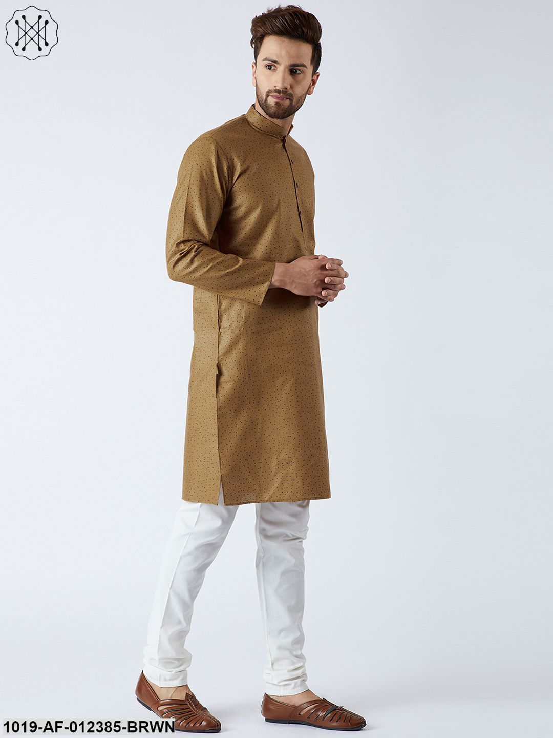 Men's Cotton Linen Brown Kurta And Off White Pyjamas Set