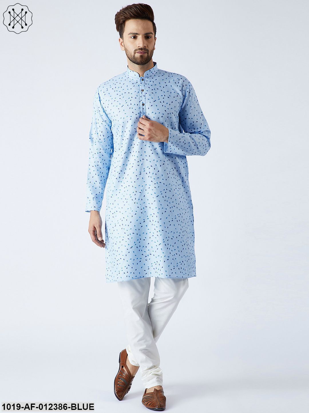 Men's Cotton Linen Blue Kurta And Off White Pyjamas Set