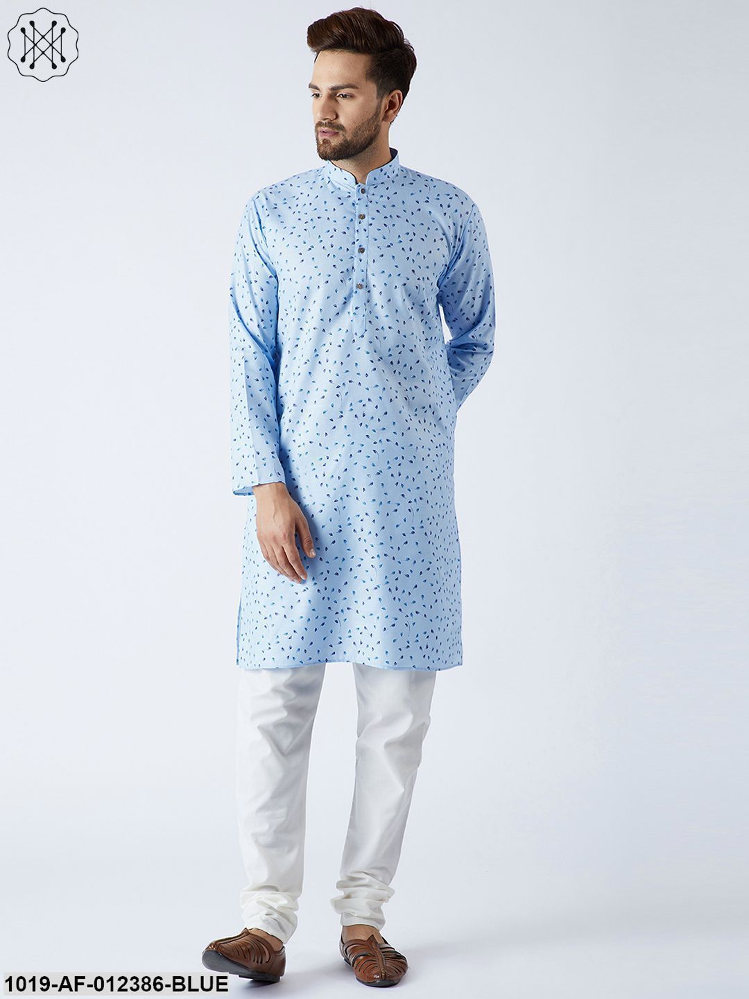 Men's Cotton Linen Blue Kurta And Off White Pyjamas Set