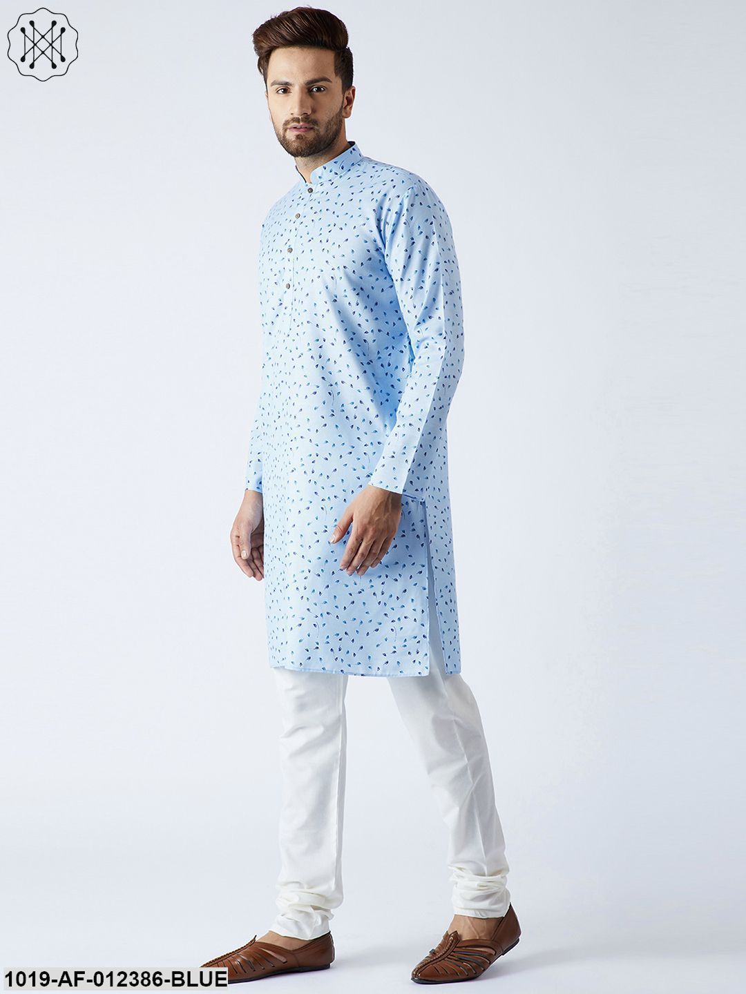 Men's Cotton Linen Blue Kurta And Off White Pyjamas Set