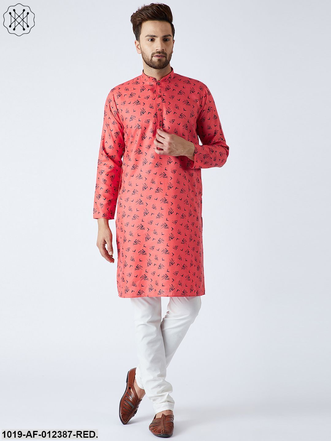 Men's Cotton Linen Red Kurta And Off White Churidar Pyjama Set