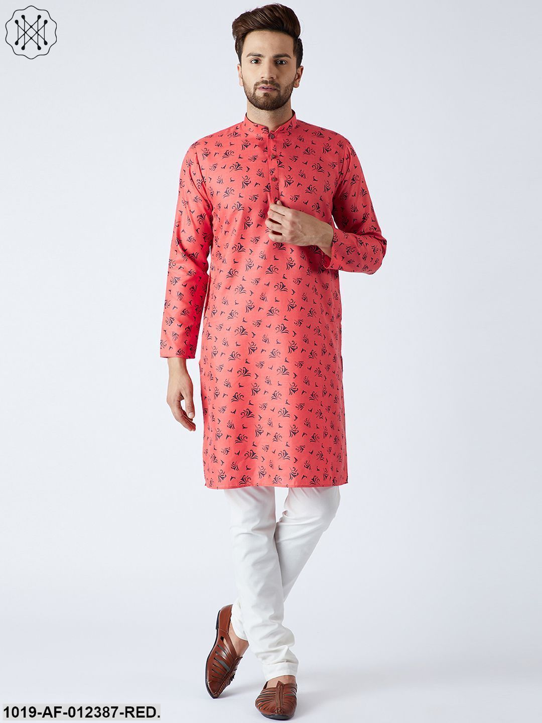 Men's Cotton Linen Red Kurta And Off White Churidar Pyjama Set