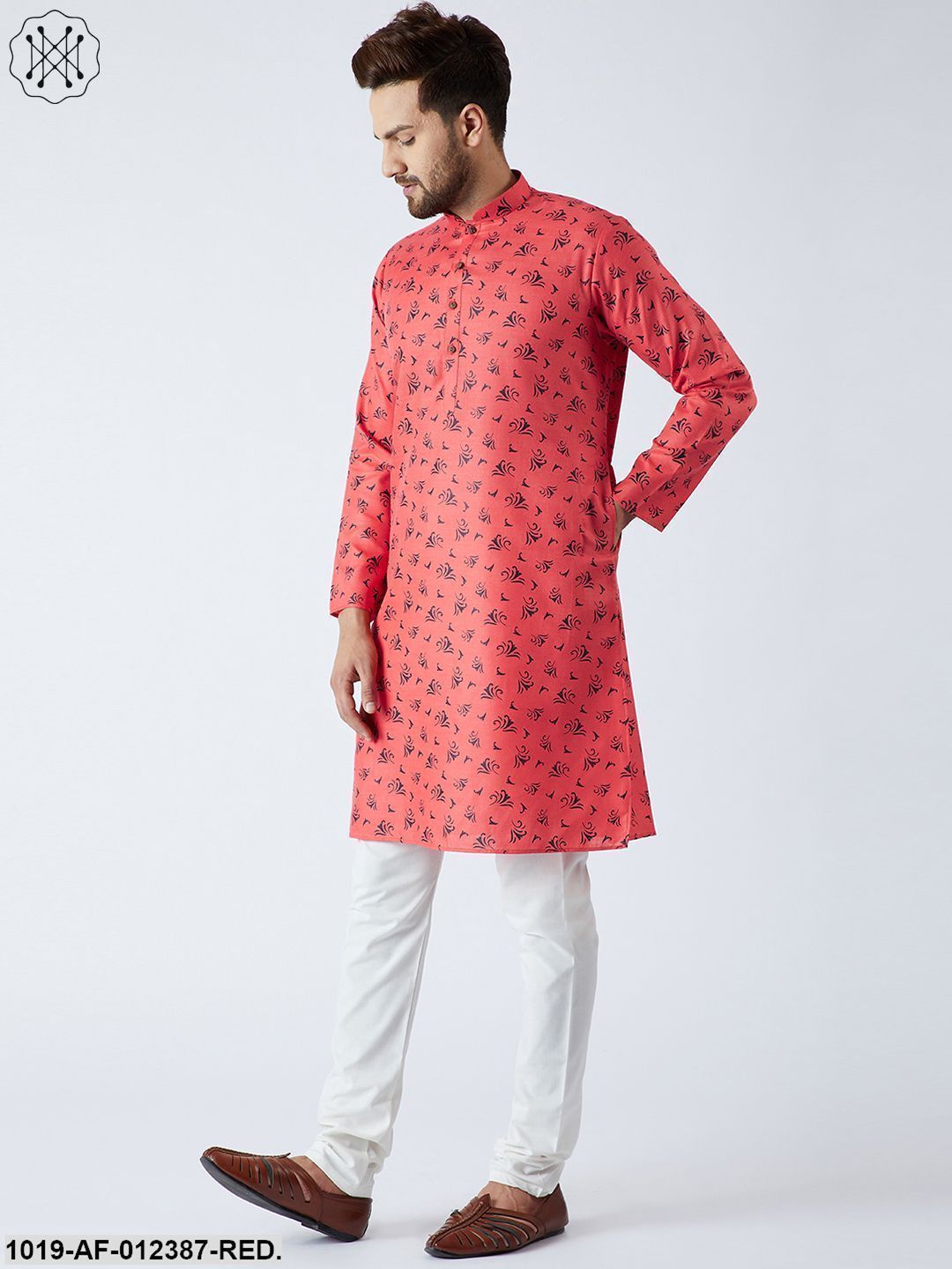 Men's Cotton Linen Red Kurta And Off White Churidar Pyjama Set