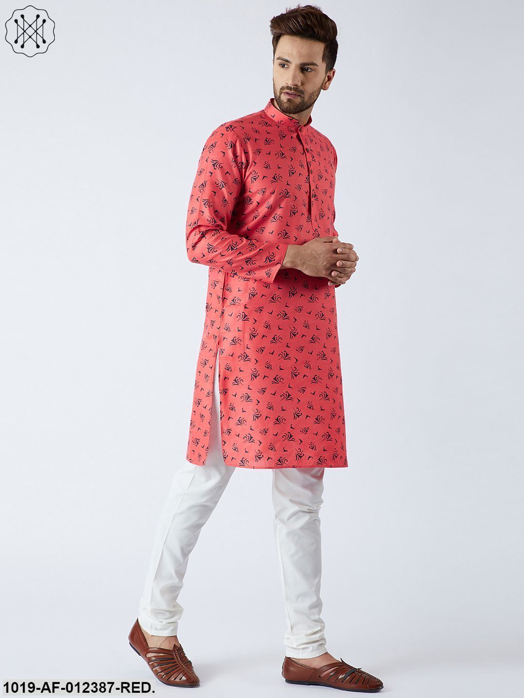 Men's Cotton Linen Red Kurta And Off White Churidar Pyjama Set