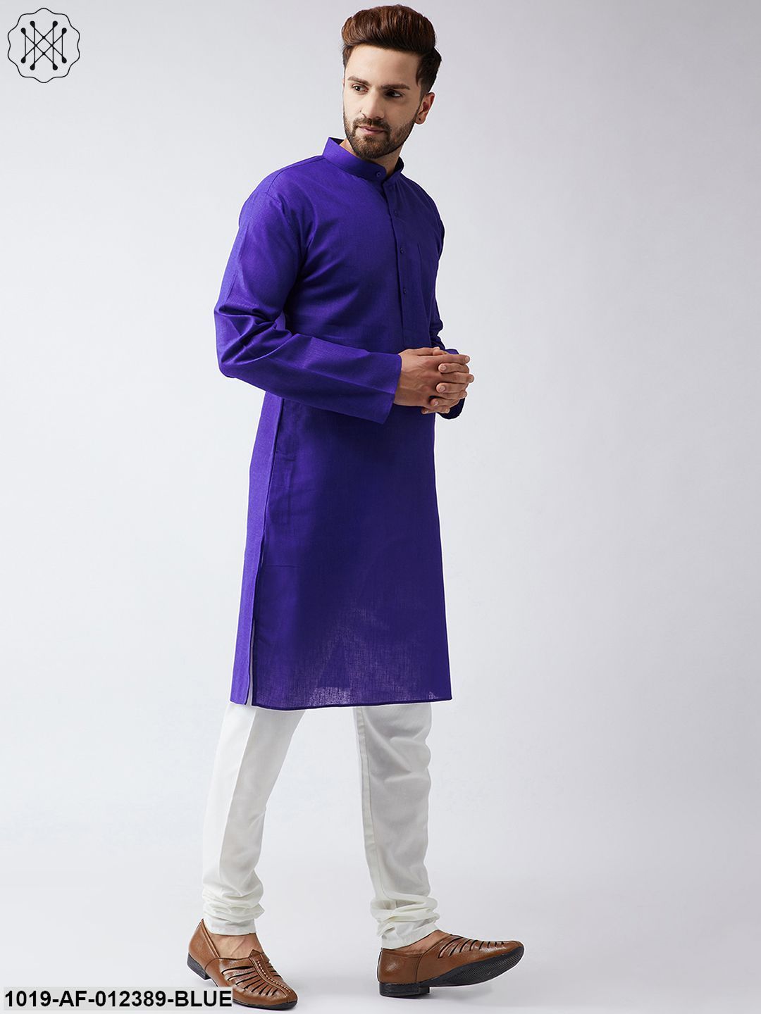 Men's Cotton Linen Royal Blue Kurta And Off White Churidar Pyjama Set - Sojanya