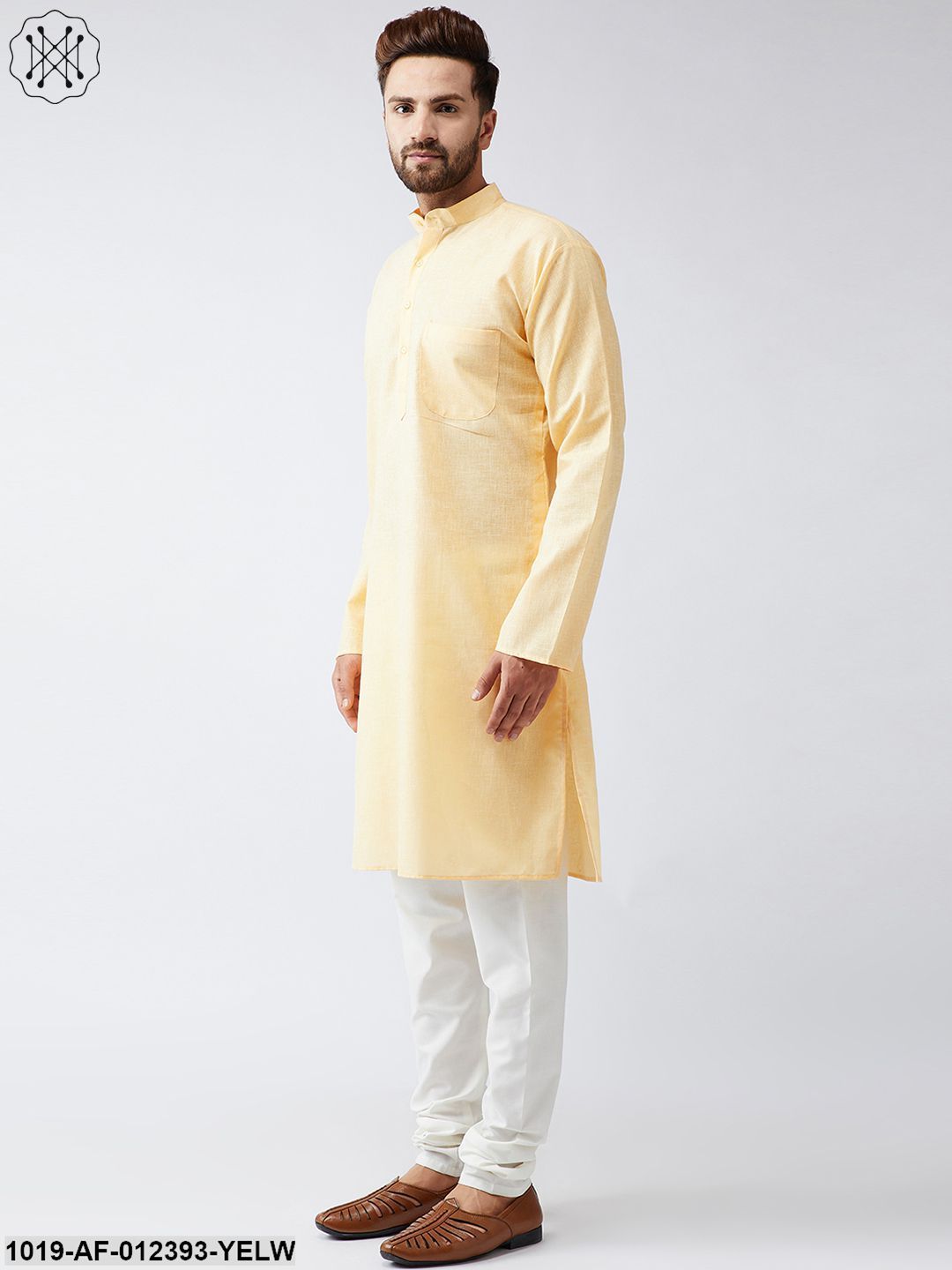 Men's Cotton Linen Yellow Kurta And Off White Churidar Pyjama Set - Sojanya
