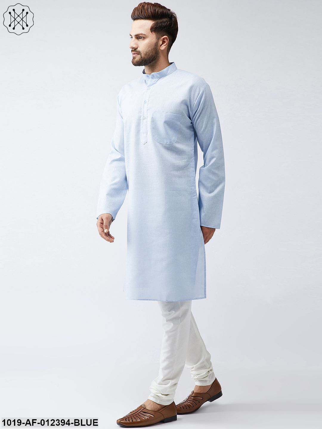 Men's Cotton Linen Sky Blue Kurta And Off White Churidar Pyjama Set - Sojanya