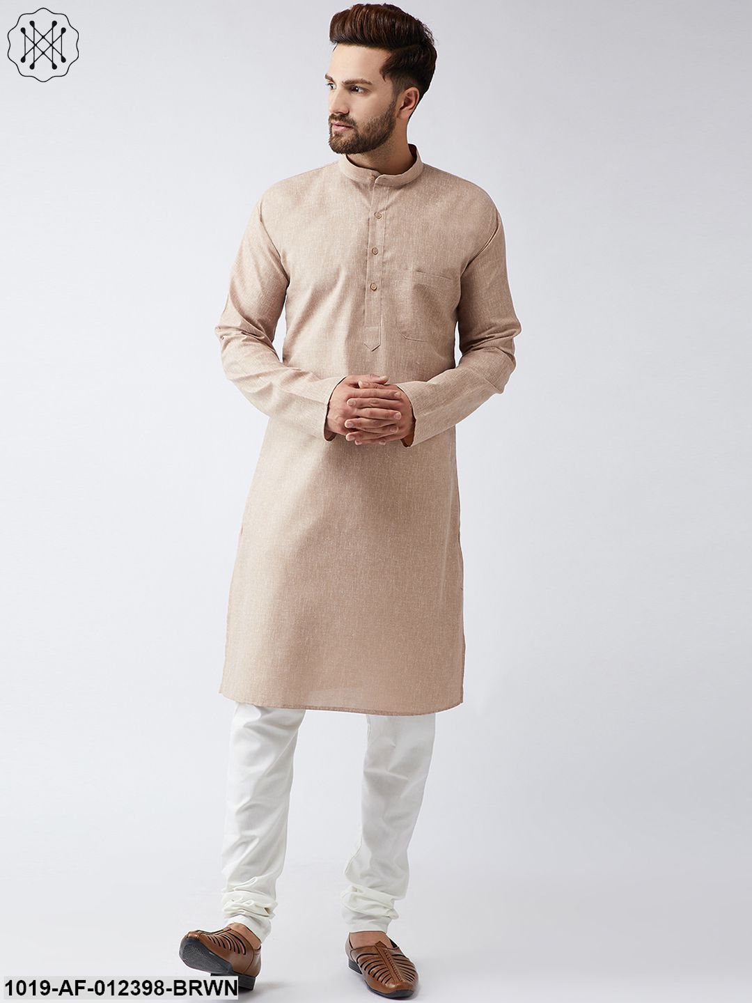 Men's Cotton Linen Brown Kurta And Off White Churidar Pyjama Set - Sojanya