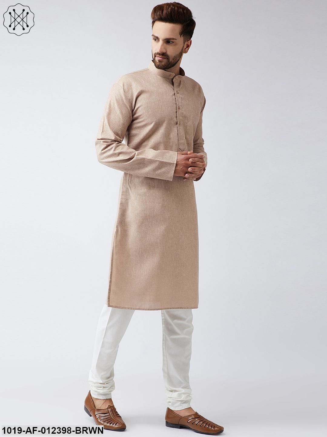 Men's Cotton Linen Brown Kurta And Off White Churidar Pyjama Set - Sojanya