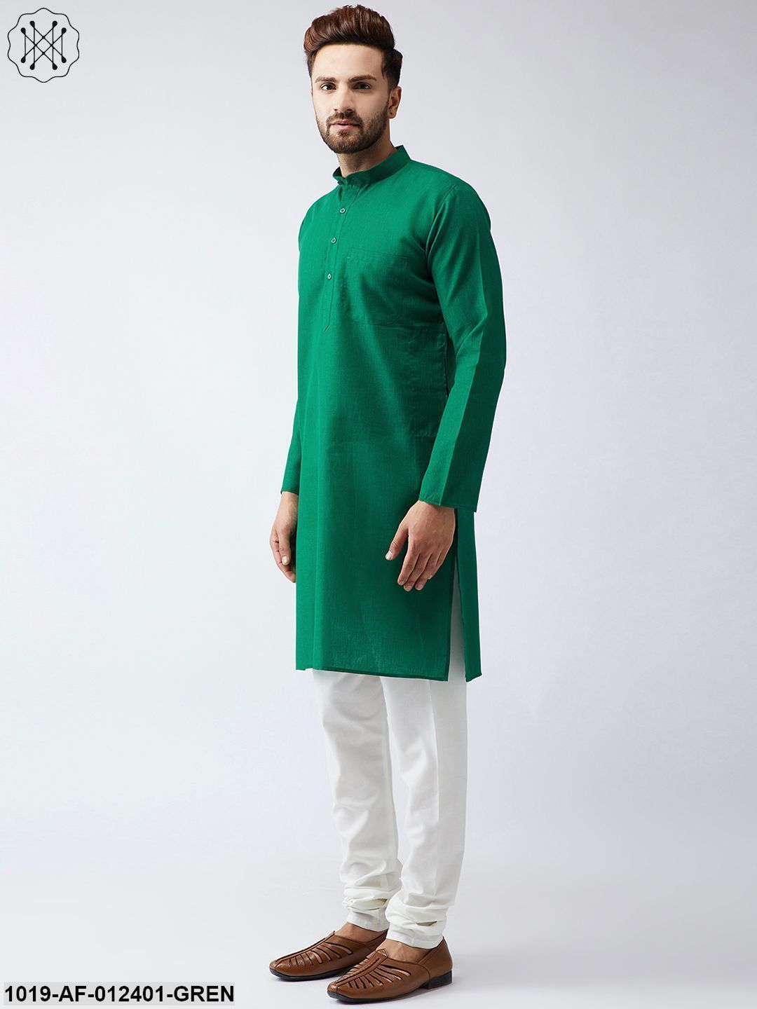 Men's Cotton Linen Dark Green Kurta And Off White Churidar Pyjama Set - Sojanya