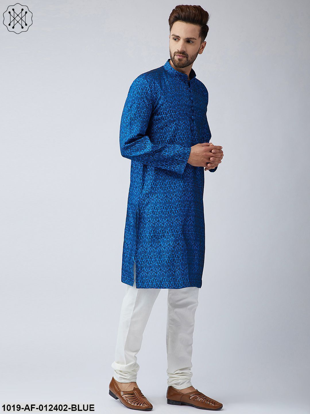 Men's Silk Blue Kurta And Off White Churidar Pyjama Set - Sojanya