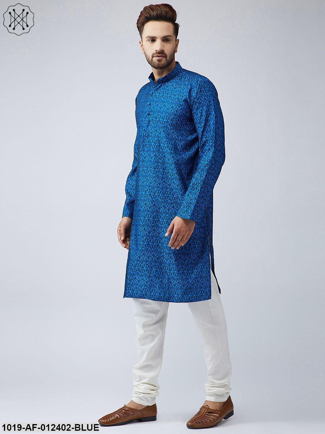 Men's Silk Blue Kurta And Off White Churidar Pyjama Set - Sojanya