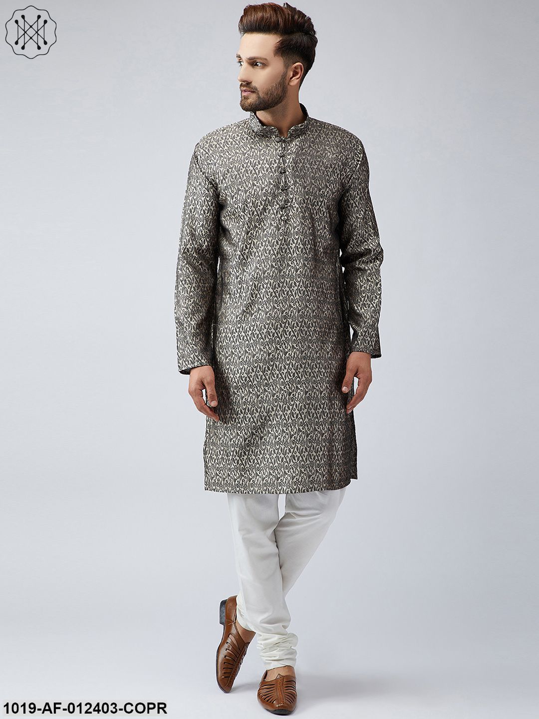 Men's Silk Copper Kurta And Off White Churidar Pyjama Set