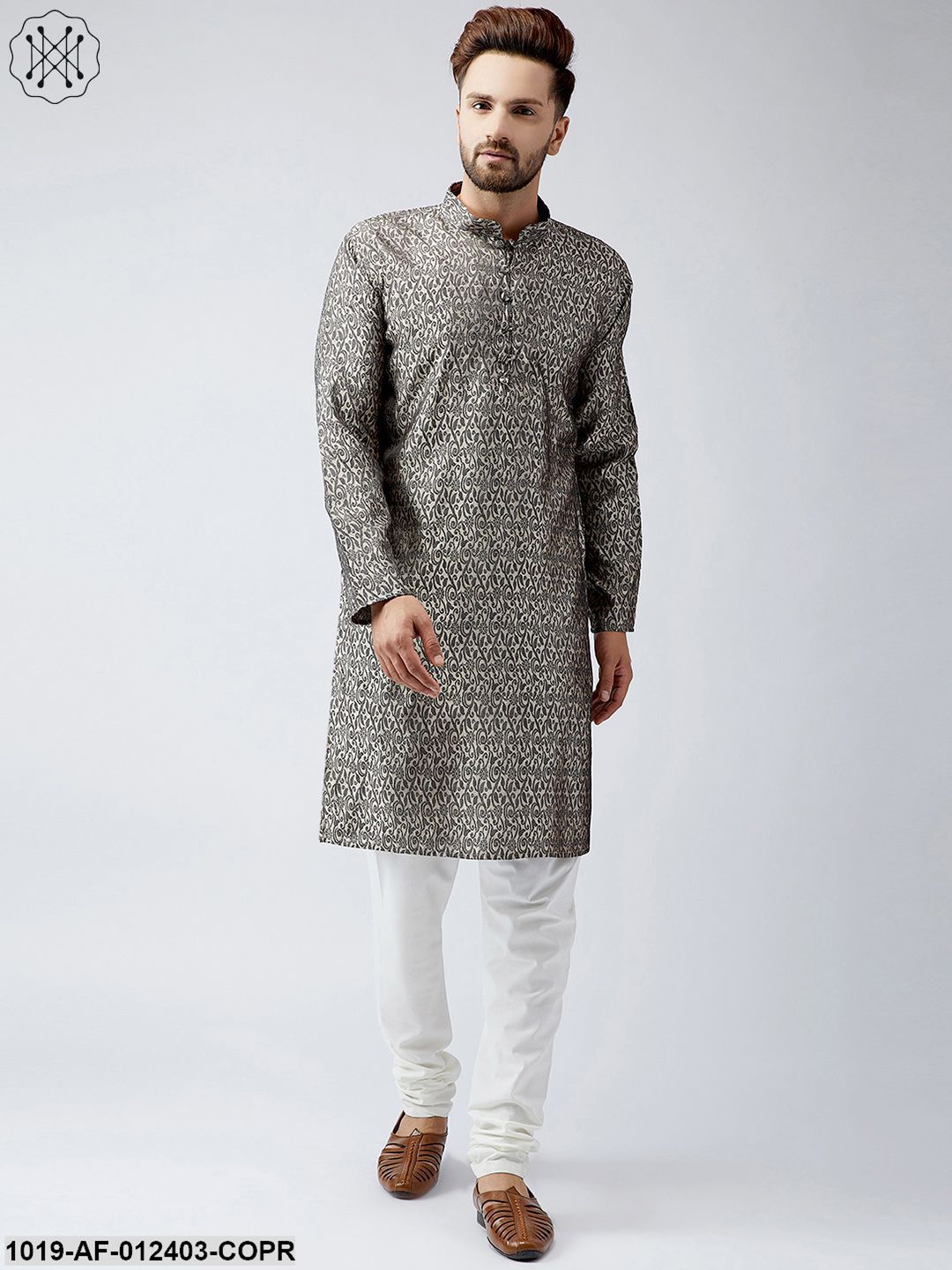 Men's Silk Copper Kurta And Off White Churidar Pyjama Set