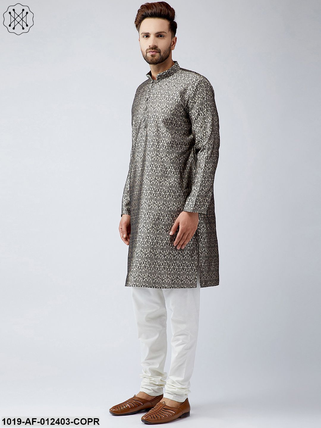 Men's Silk Copper Kurta And Off White Churidar Pyjama Set