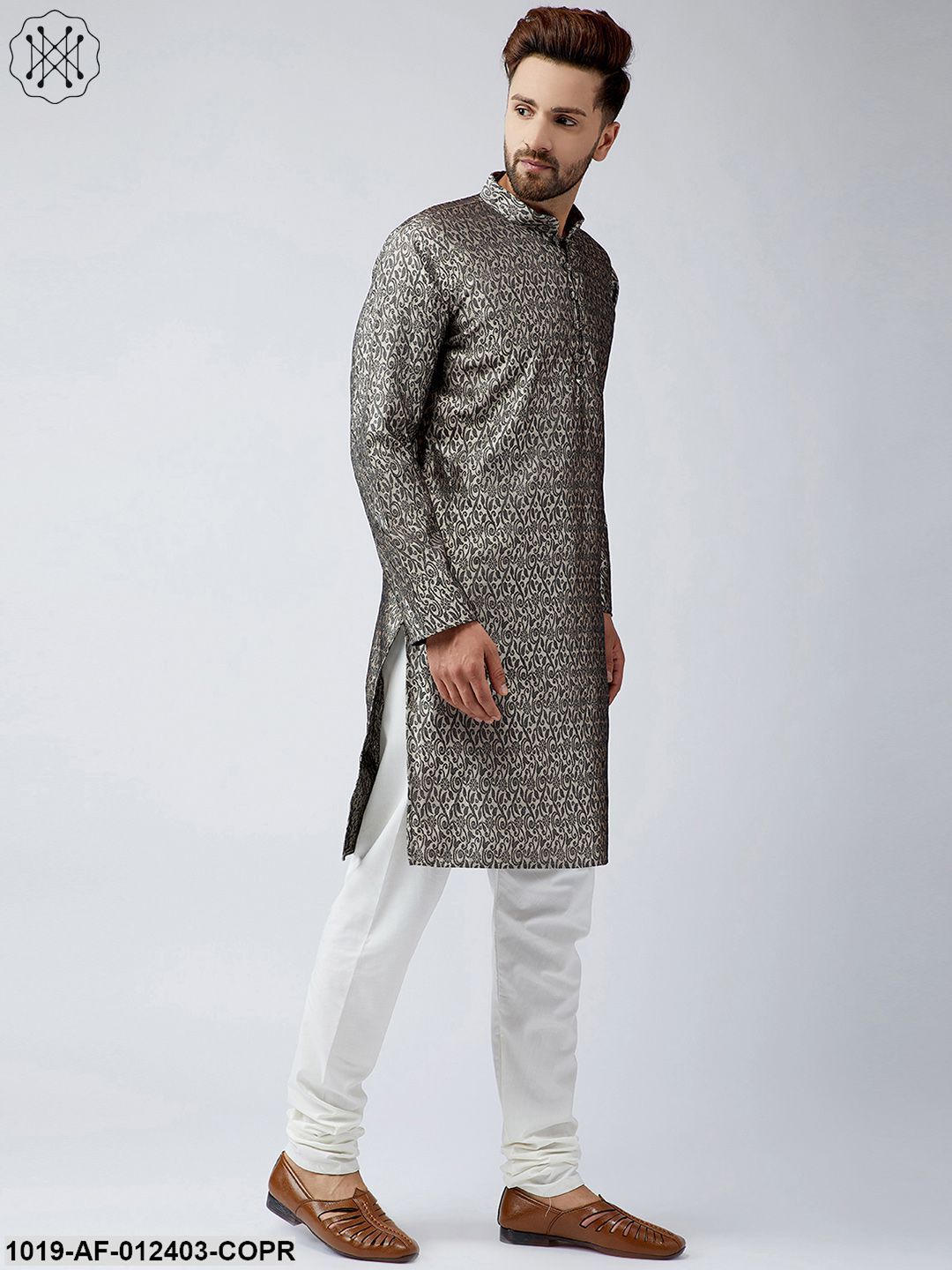 Men's Silk Copper Kurta And Off White Churidar Pyjama Set