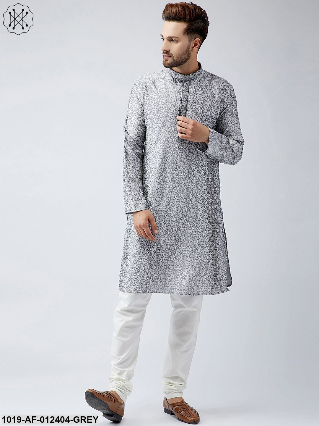 Men's Silk Grey Kurta And Off White Churidar Pyjama Set - Sojanya