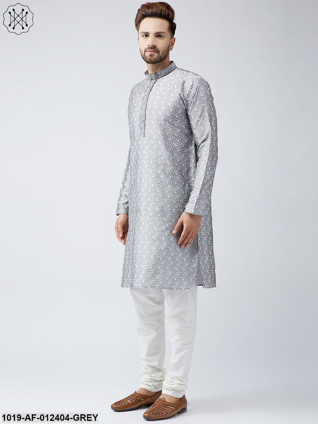 Men's Silk Grey Kurta And Off White Churidar Pyjama Set - Sojanya