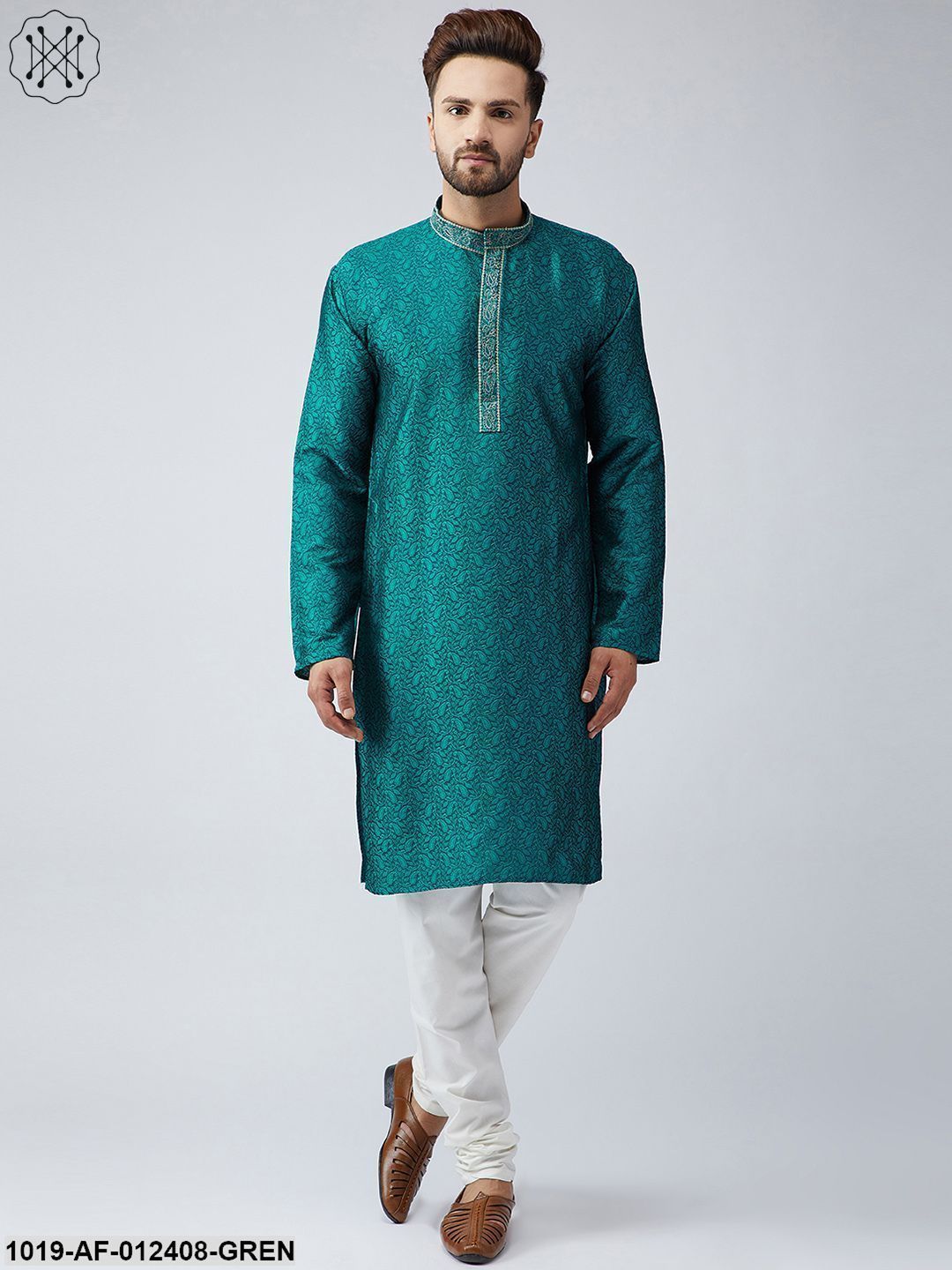 Men's Silk Teal Green Kurta And Off White Churidar Pyjama Set - Sojanya