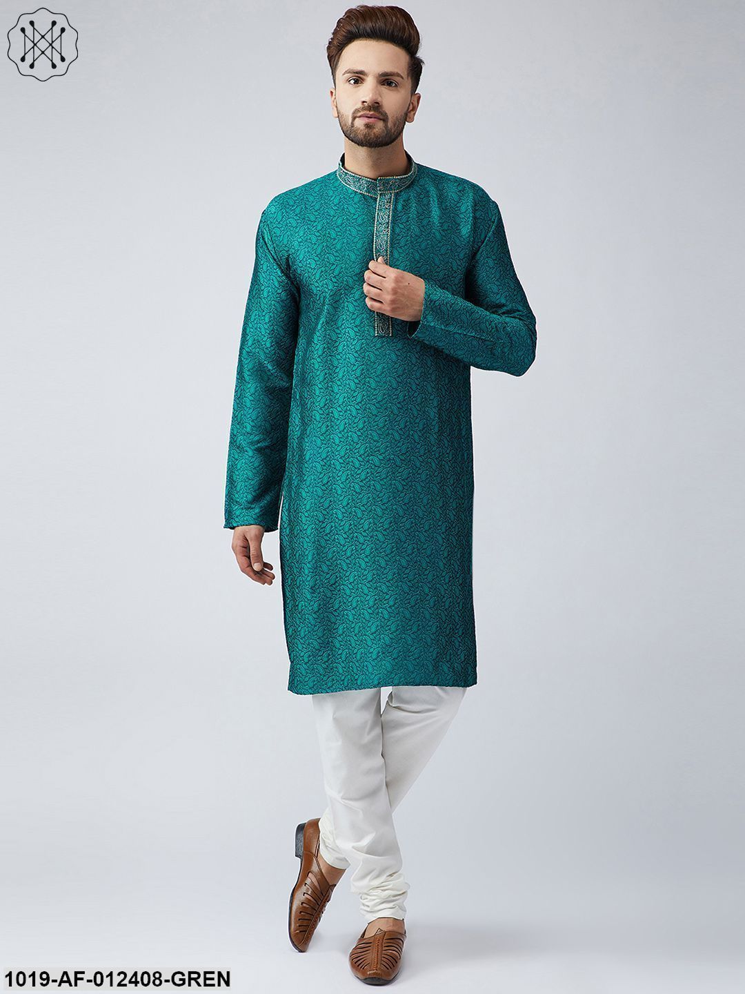 Men's Silk Teal Green Kurta And Off White Churidar Pyjama Set - Sojanya