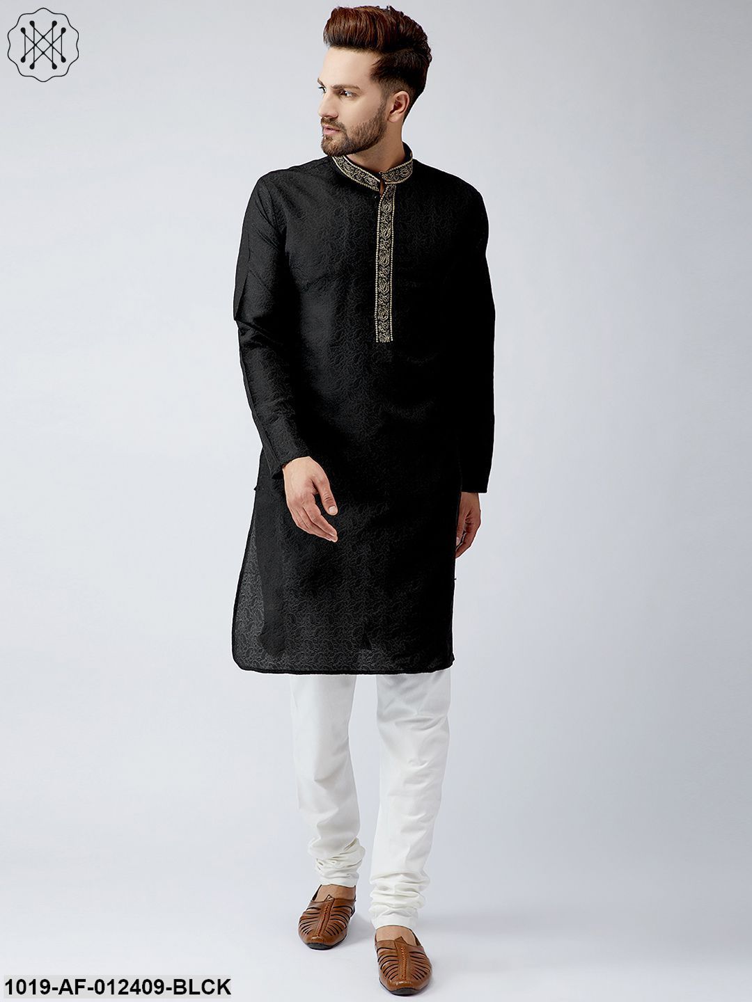 Men's Silk Black Kurta And Off White Churidar Pyjama Set - Sojanya